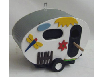 Foto eines Nistkastens Modell Wohnwagen (Zum Artikel Arbeitstherapie/Holzverarbeitung). Suchsymbol Lupe