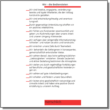 Foto von der fünften Seite des Leibildes mit dem Inhalt: Wir, die Bediensteten (nicht barrierefrei) zum Artikel über unser Leitbild. Suchsymbol Lupe