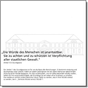 Foto von der sechsten Seite des Leitbilden mit der Zitierung des Artikel 1 des Grundgesetzes nebst Erklärung (nicht barrierefrei) zum Artikel über unser Leitbild. Suchsymbol Lupe