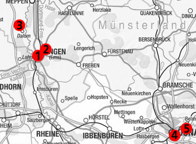 Foto einer Landkarte mit den fünf Standorten der Justizvollzugsanstalt Lingen (Zum Artikel Wegbeschreibung)